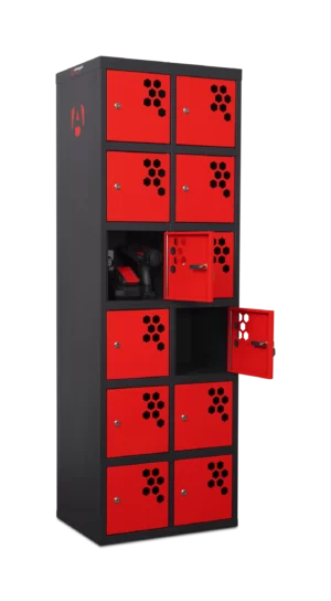 Armorgard – PowerStation PWS12K PowerStation PWS12K battery charging 12-locker station, 240v version with key camlocks and UK type G plug & sockets 600W x 453D x 1803H